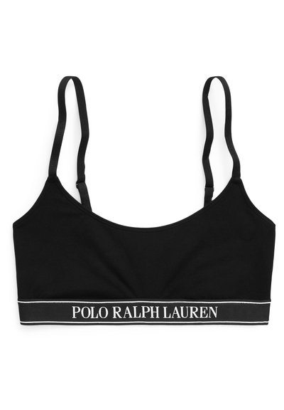 Bralette de algodón negro con tirantes finos y una banda ancha con "POLO RALPH LAUREN" en texto blanco. Textura suave, diseño minimalista.
