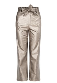 Pantaloni cargo metallici beige con vita alta, fascia elastica e cintura legata. Presentano tasche laterali e design a gamba dritta.