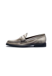 Metallic silver leather loafer with a rounded toe, decorative stitching, and a textured strap across the vamp. Black rubber sole.