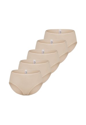 Cinq culottes beiges taille haute, empilées en diagonale avec des étiquettes de tissu visibles à l'intérieur de la ceinture.