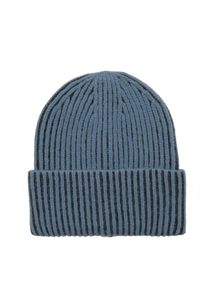 Cappello beanie lavorato a maglia in blu bicolore e grigio scuro, con coste verticali e un risvolto per un tocco di stile e calore in più.