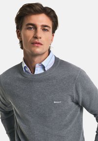 Grauer Strickpullover mit strukturiertem Muster und Rundhalsausschnitt. Mit einem kleinen weißen Logo. Über einem mehrfarbig gestreiften Hemd getragen.