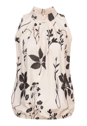 Kreemikukkaista halterneck-toppia mustilla kasvikuvioilla, jossa on pleated-design ja elastinen helma rentoa istuvuutta varten.