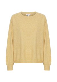 Maglione giallo a maglia con scollatura rotonda, maniche lunghe a sbuffo e polsini e orlo a coste. Texture morbida con un motivo sottile.