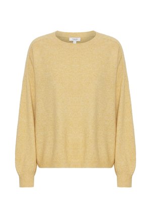 Maglione giallo a maglia con scollatura rotonda, maniche lunghe a sbuffo e polsini e orlo a coste. Texture morbida con un motivo sottile.
