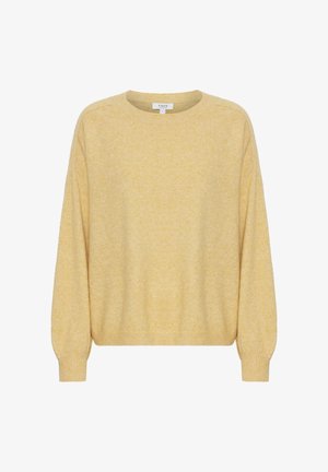 Maglione giallo a maglia con scollatura rotonda, maniche lunghe a sbuffo e polsini e orlo a coste. Texture morbida con un motivo sottile.