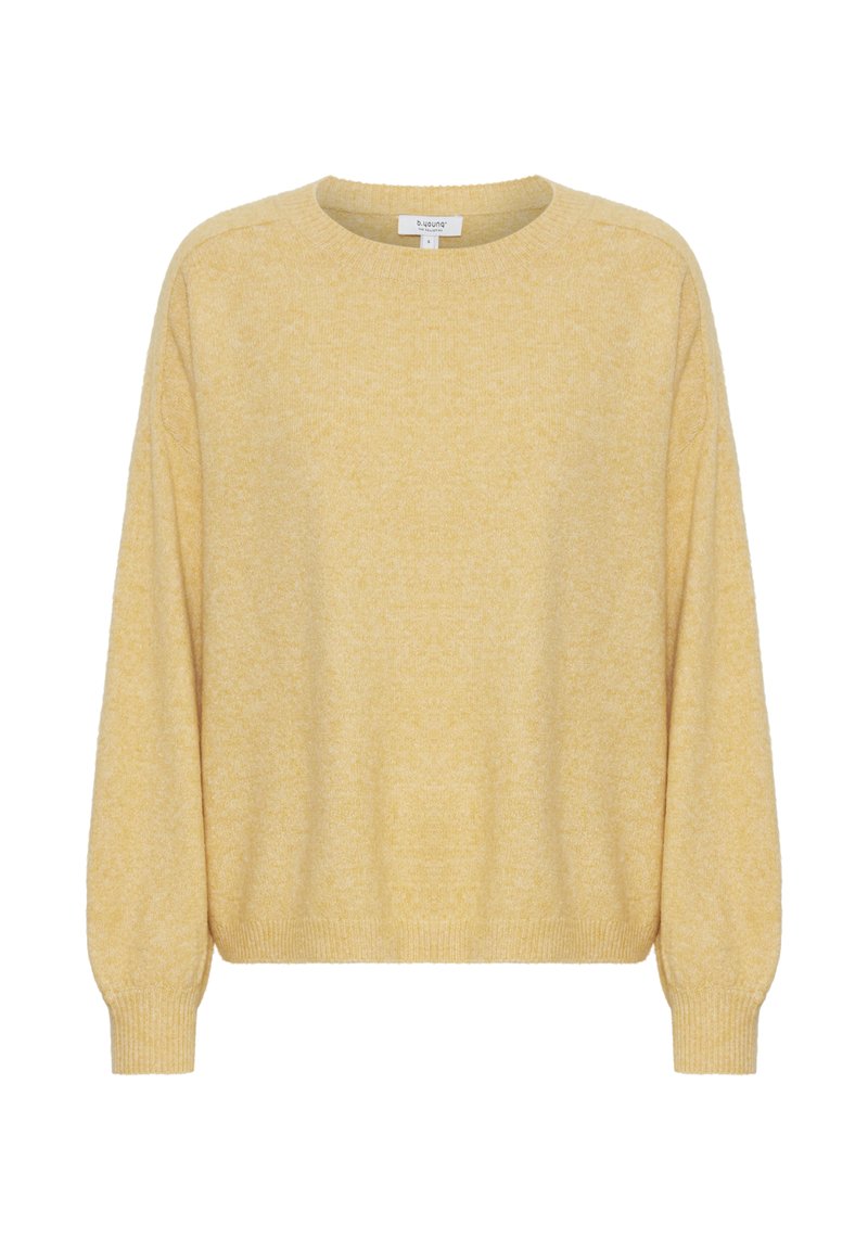 Maglione giallo a maglia con scollatura rotonda, maniche lunghe a sbuffo e polsini e orlo a coste. Texture morbida con un motivo sottile.