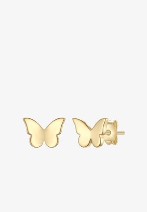 Zlatne naušnice leptir s glatkom, sjajnom površinom i jednostavnim, simetričnim dizajnom. Materijali: metal u zlatnoj boji.