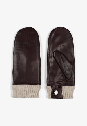 Brown leather mittens with ribbed beige knit cuffs, featuring a thumb section and a button detail on one cuff. Smooth texture overall.