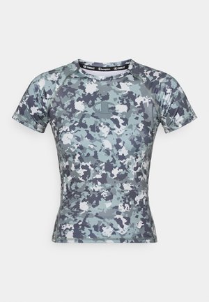 Koszulka sportowa z krótkim rękawem w niebiesko-szarym kamuflażu, wykonana z elastycznego, odprowadzającego wilgoć materiału. Ozdobiona logo Champion.
