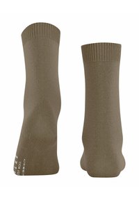 Pair of plain brown crew socks shown from heel and back view on white background.