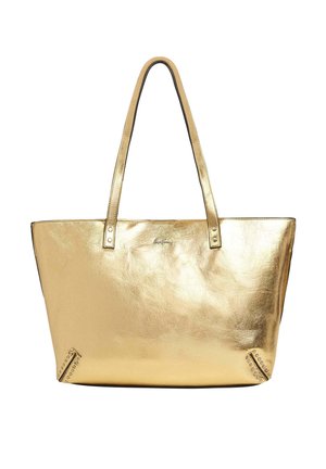 Borsa tote in finta pelle dorata con due manici, forma rettangolare, superficie liscia e finiture con borchie sugli angoli inferiori.
