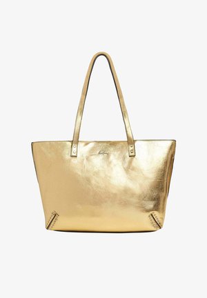 Borsa tote in finta pelle dorata con due manici, forma rettangolare, superficie liscia e finiture con borchie sugli angoli inferiori.