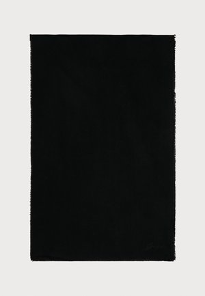 Black blanket with a soft texture and fringe along the edges. Features a simple rectangular shape and a subtle signature in the corner.