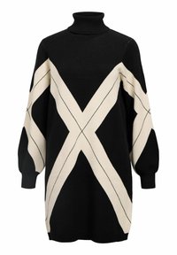 Zwart gebreide jurk met hoge kraag, voorzien van een groot crèmekleurig diagonaal patroon. Pofmouwen en een relaxte pasvorm.