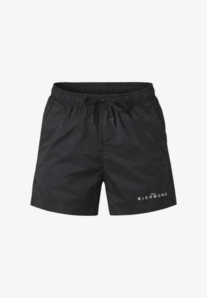 Pantaloncini da bagno neri da uomo con cintura elastica, coulisse, tasche laterali e logo bianco "John Richmond" sulla gamba sinistra.