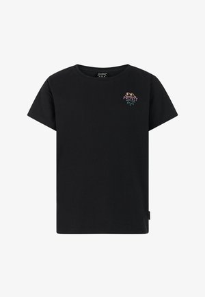 Zwart katoenen T-shirt met korte mouwen, voorzien van een kleine afbeelding. Gecombineerd met groene korte broek en zwarte slippers. Eenvoudige, casual pasvorm.