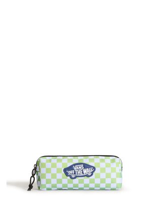 Rechteckiges Federmäppchen mit grün-weiß kariertem Muster und einem blauen Vans "Off The Wall" Logo-Patch auf der Vorderseite mit schwarzem Reißverschluss.