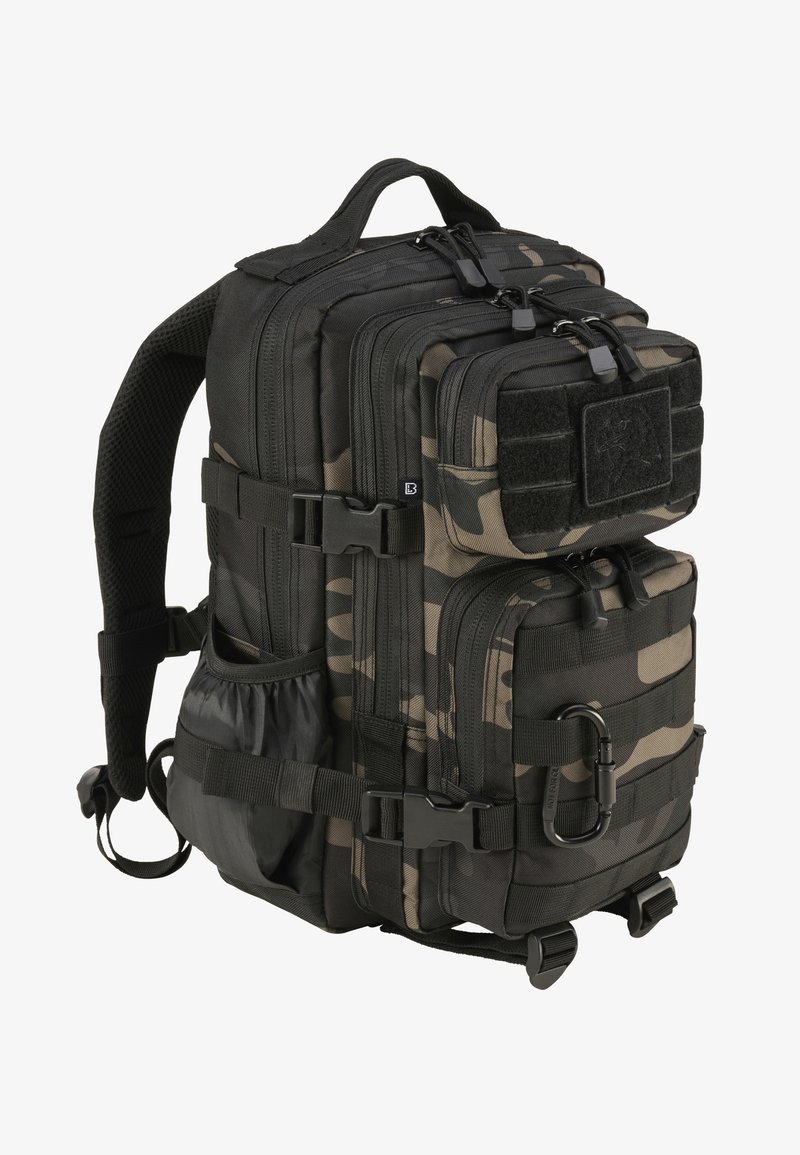 Kámformintás hátizsák több rekesszel, strapabíró cipzárakkal, állítható pántokkal és hálós párnázással a kényelem érdekében.