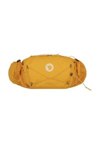 Borsa a vita gialla con tessuto testurizzato, dotata di un logo centrale, corda elastica esterna e spallacci regolabili per una vestibilità sicura.