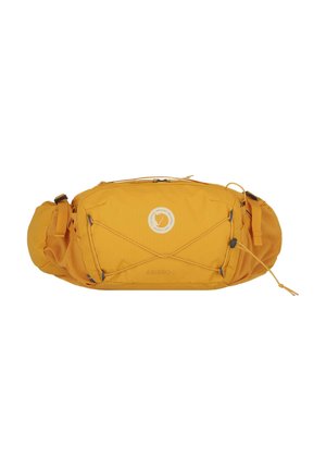 Borsa a vita gialla con tessuto testurizzato, dotata di un logo centrale, corda elastica esterna e spallacci regolabili per una vestibilità sicura.