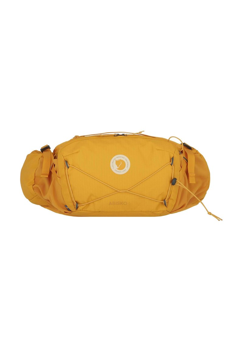 Borsa a vita gialla con tessuto testurizzato, dotata di un logo centrale, corda elastica esterna e spallacci regolabili per una vestibilità sicura.