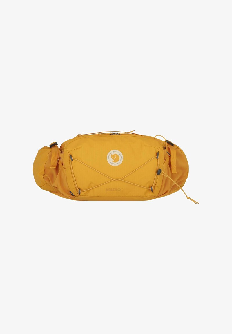 Borsa a vita gialla con tessuto testurizzato, dotata di un logo centrale, corda elastica esterna e spallacci regolabili per una vestibilità sicura.