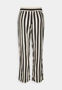 Zwart en crèmekleurige gestreepte broek met een elastische tailleband en een losse pasvorm. De stof lijkt zacht met een gladde textuur.