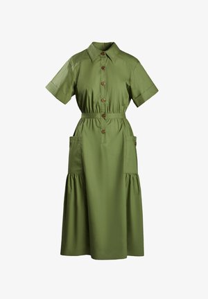 Sukienka z guziczkami w oliwkowym kolorze, krótki rękaw, elastyczny pas, dwie kieszenie naszywane i warstwowy krój spódnicy.