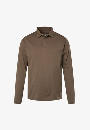 Braunes Langarm-Polohemd mit Kragen, aus glattem Stoff gefertigt. Verfügt über ein kleines Logo auf der Brust und einen geknöpften Einsatz.