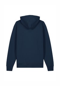 Marineblauw hoodie gemaakt van zacht materiaal, met een trekkoordcapuchon, ribgebreide manchetten en een eenvoudige uitstraling zonder versieringen.