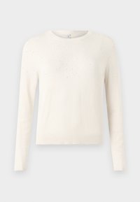 Cream knitted sweater with long sleeves, round neck, and a textured pattern of small, light-reflective accents on the shoulders.