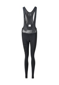 Zwarte fiets-bibshorts met een bovenstuk van mesh. Heeft uitsparingen op de benen en een gepolsterd zitgedeelte voor comfort. Gemaakt van rekbare, vochtafvoerende stof.