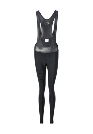 Zwarte fiets-bibshorts met een bovenstuk van mesh. Heeft uitsparingen op de benen en een gepolsterd zitgedeelte voor comfort. Gemaakt van rekbare, vochtafvoerende stof.
