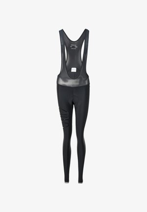 Schwarze Radsport-Bib-Shorts mit einem Netz-Oberteil. Sie verfügen über Ausschnitte an den Beinen und einen gepolsterten Sitzbereich für mehr Komfort. Hergestellt aus dehnbarem, feuchtigkeitsableitendem Stoff.