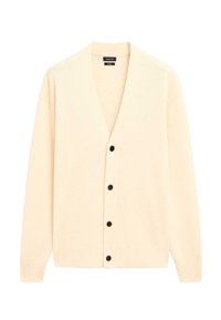 Beige kardigan vyrobený z měkké pleteniny, s výstřihem do V, dlouhými rukávy a pěti černými knoflíky vpředu. Jednoduchý a klasický design.