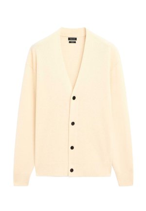 Cardigan beige realizzato in morbido tessuto a maglia, con scollatura a V, maniche lunghe e cinque bottoni neri sulla parte anteriore. Design semplice e classico.