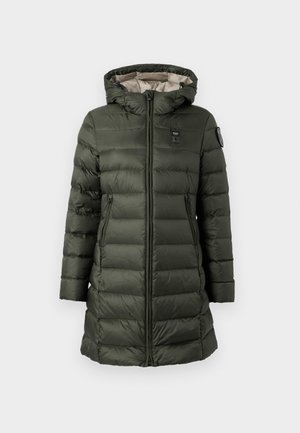 Manteau matelassé de couleur vert foncé avec capuche, doté d'une fermeture éclair, de poches latérales et d'un patch logo sur la manche supérieure. Design isolé.