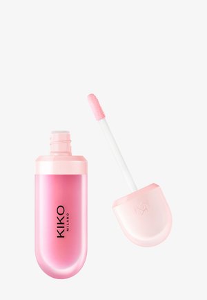 Botella de brillo de labios rosa de KIKO Milano con aplicador retirado, mostrando una punta suave y peluda para una aplicación suave en los labios.