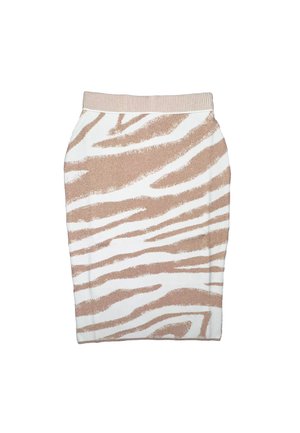 Gonna a righe zebrato beige e bianco realizzata in materiale morbido con design aderente e vita a coste. Caratterizzata da un motivo tridimensionale.