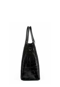 Borsa a mano in pelle nera con finitura a stampa coccodrillo, dotata di due manici, dalla forma affusolata e con un accento metallico nella parte superiore. Texture liscia.