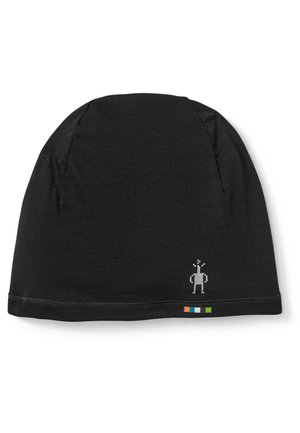 Black fabric beanie hat, soft texture. Features a small gray graphic of a figure and colored stripes at the hem in orange, blue, and green.
