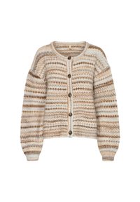 Cardigan lavorato a maglia in morbido tessuto testurizzato, con strisce orizzontali in beige, crema e marrone chiaro. Chiusura frontale con cinque bottoni.