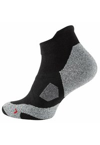 Calzino nero alla caviglia con un design grigio texturizzato, caratterizzato da un motivo esagonale sul lato e una punta rinforzata per una maggiore durata.