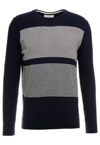 Marinblå stickad tröja med vita geometriska mönster. Har rund halsringning och långa ärmar. Ribbad manschett och nederkant.