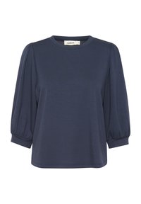 Tmavě modrá halenka s nafouklými tříčtvrtečními rukávy a kulatým výstřihem, vyrobená z měkké, hladké látky.