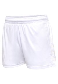 Pantalones cortos deportivos blancos hechos de una tela suave y ligera, con una cintura elástica y un patrón sutil a los lados.