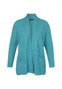 Weiche türkisfarbene offene Strickjacke mit langen Ärmeln und zwei vorderen Taschen, gestrickter Stoff, lässiger Stil.