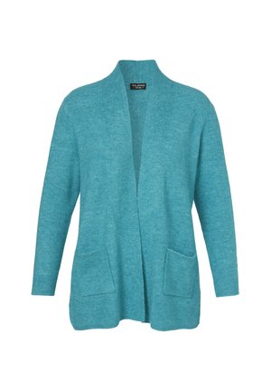 Weiche türkisfarbene offene Strickjacke mit langen Ärmeln und zwei vorderen Taschen, gestrickter Stoff, lässiger Stil.