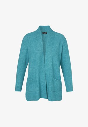 Zacht teal open voor cardigan met lange mouwen en twee voorzakken, gebreide stof, casual stijl.